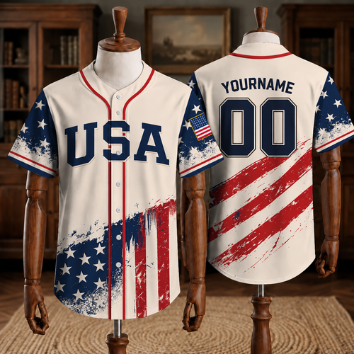 Custom Patriotic USA Baseball Jersey, Personalized Name and Number American Flag Shirt