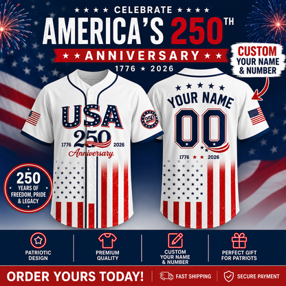 USA 250th Anniversary Custom Name & Number Baseball Jersey – Personalized Patriotic American Flag Shirt 1776-2026