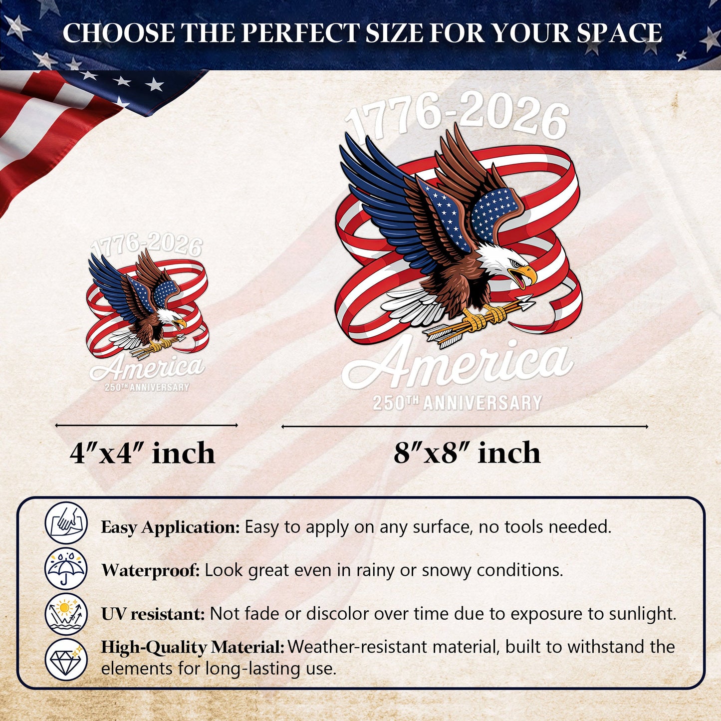 America 250th Anniversary Decal, Eagle Patriotic 1776 2026 Car Sticker