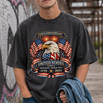 Washed TShirt America 250th Anniversary Eagle Patriotic Vintage 1776–2026