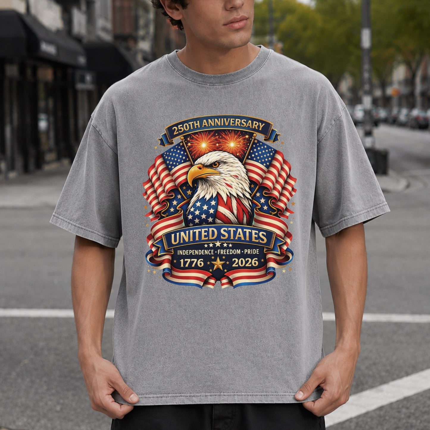 Washed TShirt America 250th Anniversary Eagle Patriotic Vintage 1776–2026