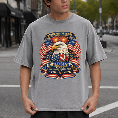 Washed TShirt America 250th Anniversary Eagle Patriotic Vintage 1776–2026