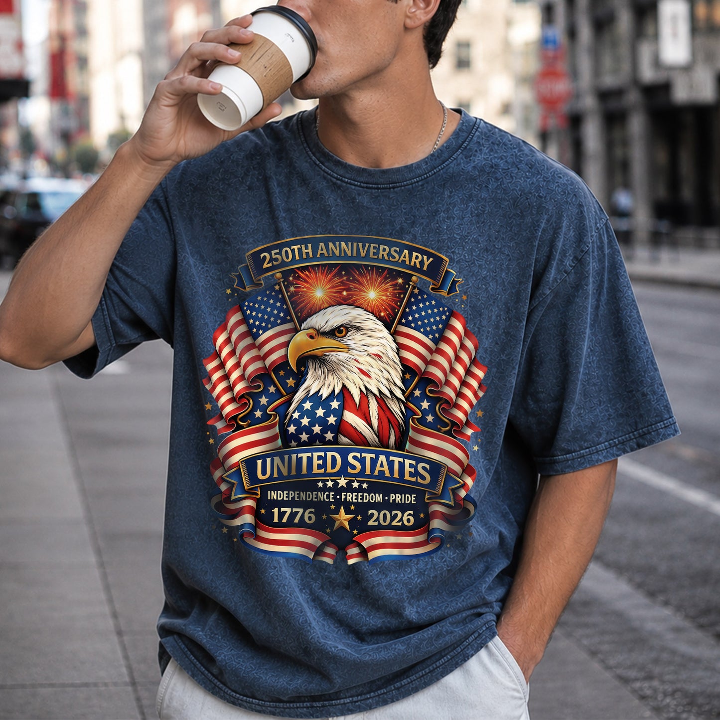 Washed TShirt America 250th Anniversary Eagle Patriotic Vintage 1776–2026