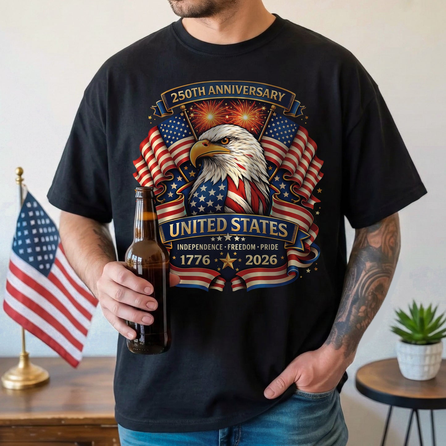 Washed TShirt America 250th Anniversary Eagle Patriotic Vintage 1776–2026