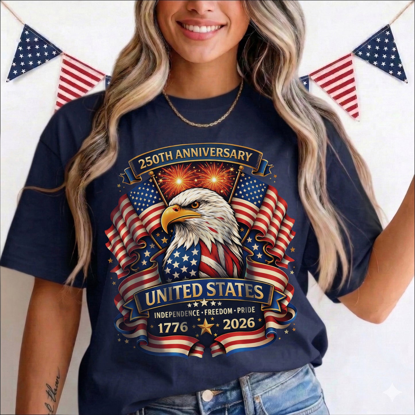 Washed TShirt America 250th Anniversary Eagle Patriotic Vintage 1776–2026