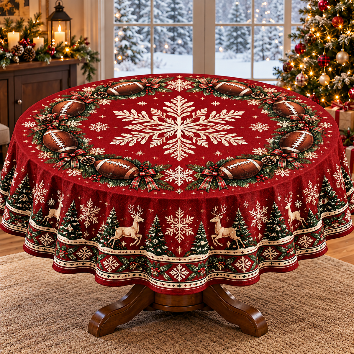 Christmas Football Tablecloth – Round & Rectangle Holiday Dining Table Cover