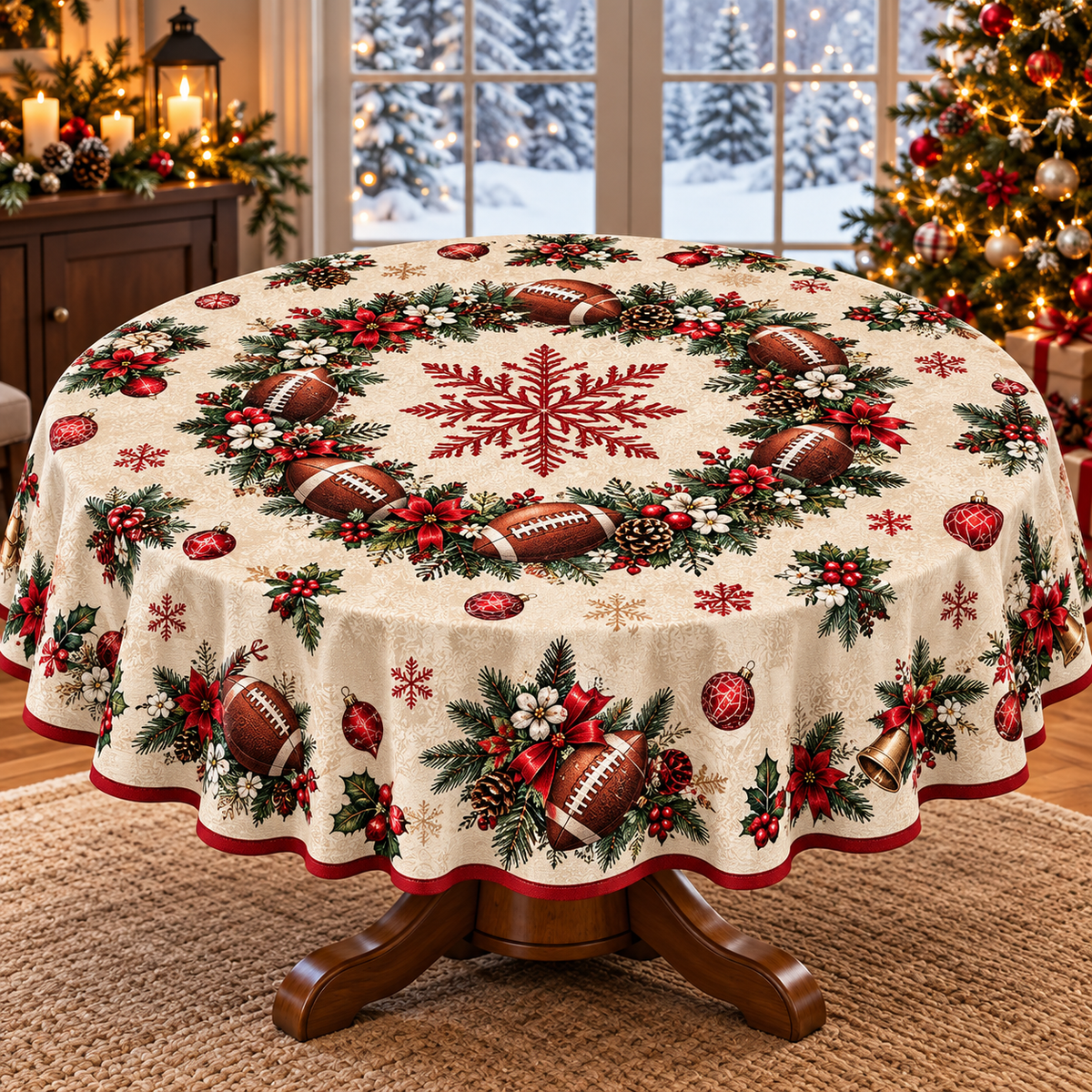 Christmas Football Tablecloth – Round & Rectangle Holiday Dining Table Cover