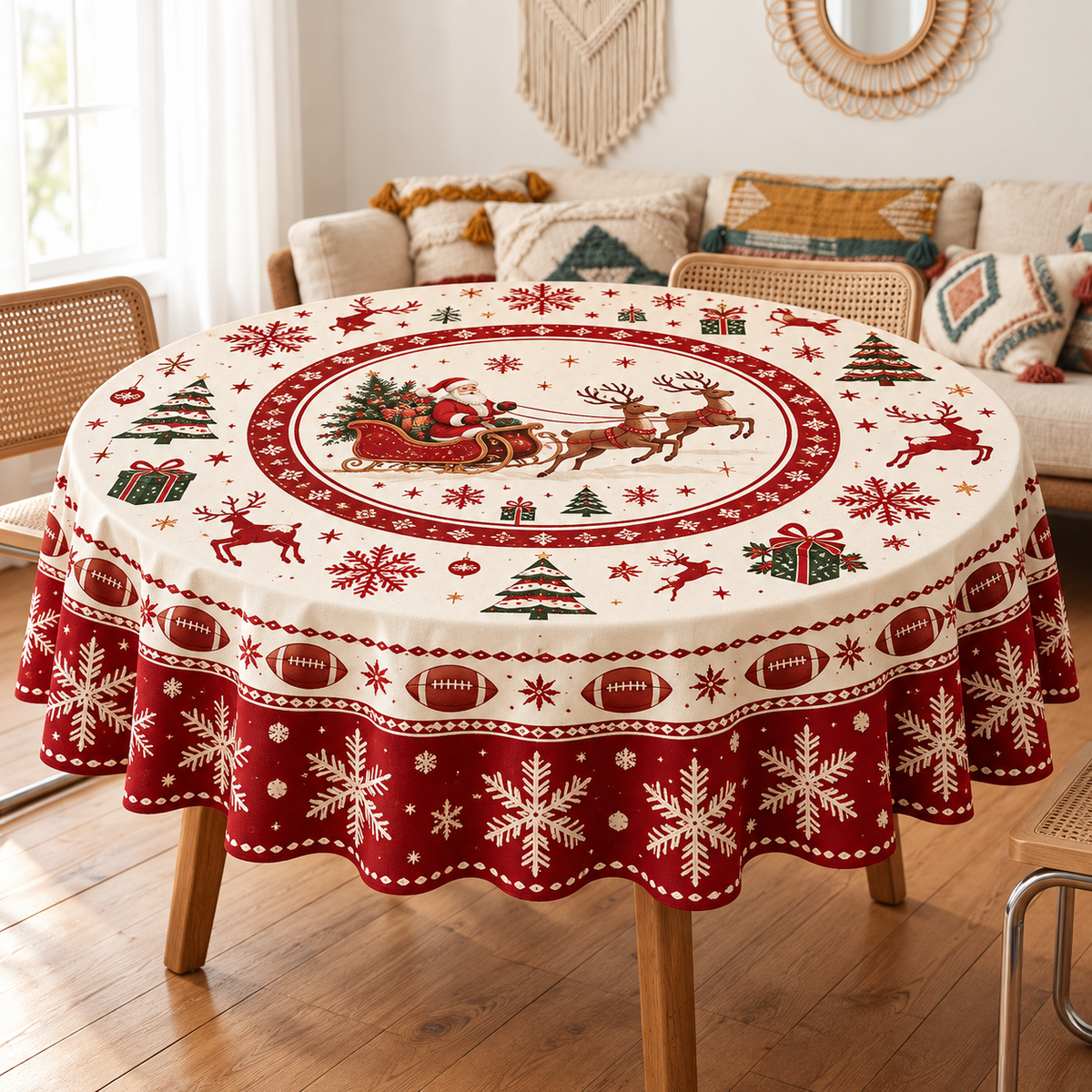 Christmas Football Tablecloth – Round & Rectangle Holiday Dining Table Cover
