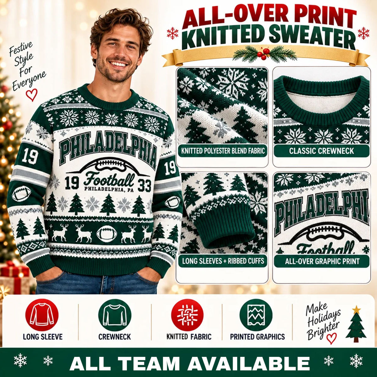 Vintage Football Ugly Christmas Sweater - City Team Holiday Sweater