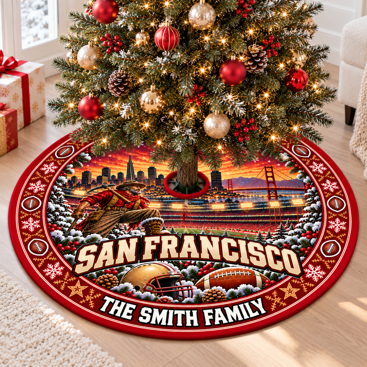 Custom Football Christmas Tree Skirt – Custom Family Name, Football Fan Christmas Decor, Game Day Holiday Gift