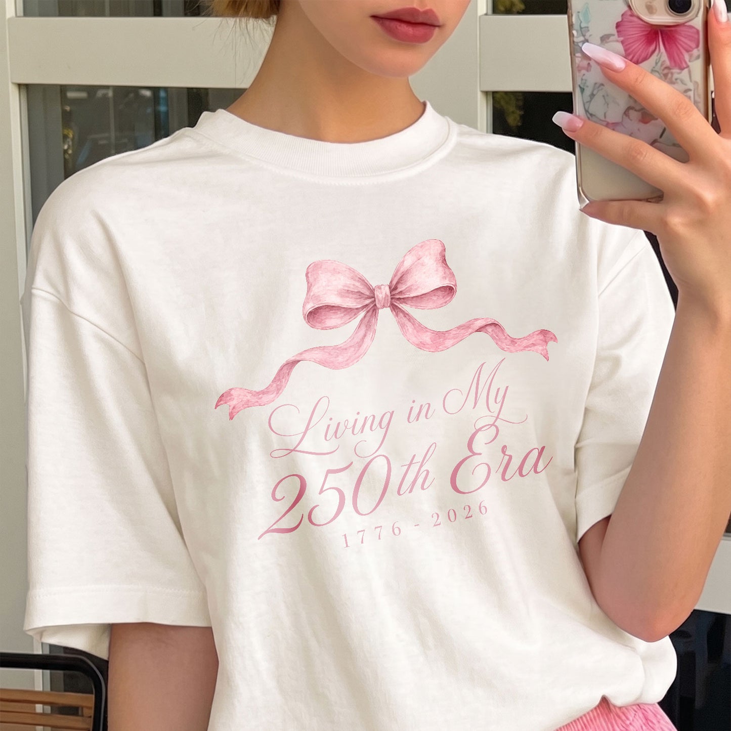Living in my 250th ERA Pink Bow, America Semiquincentennial Comfort Colors Shirt