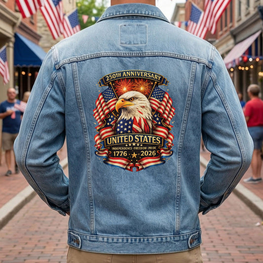 America 250 Denim Jacket 1776 - 2026 Patriotic Eagle Jean Jacket