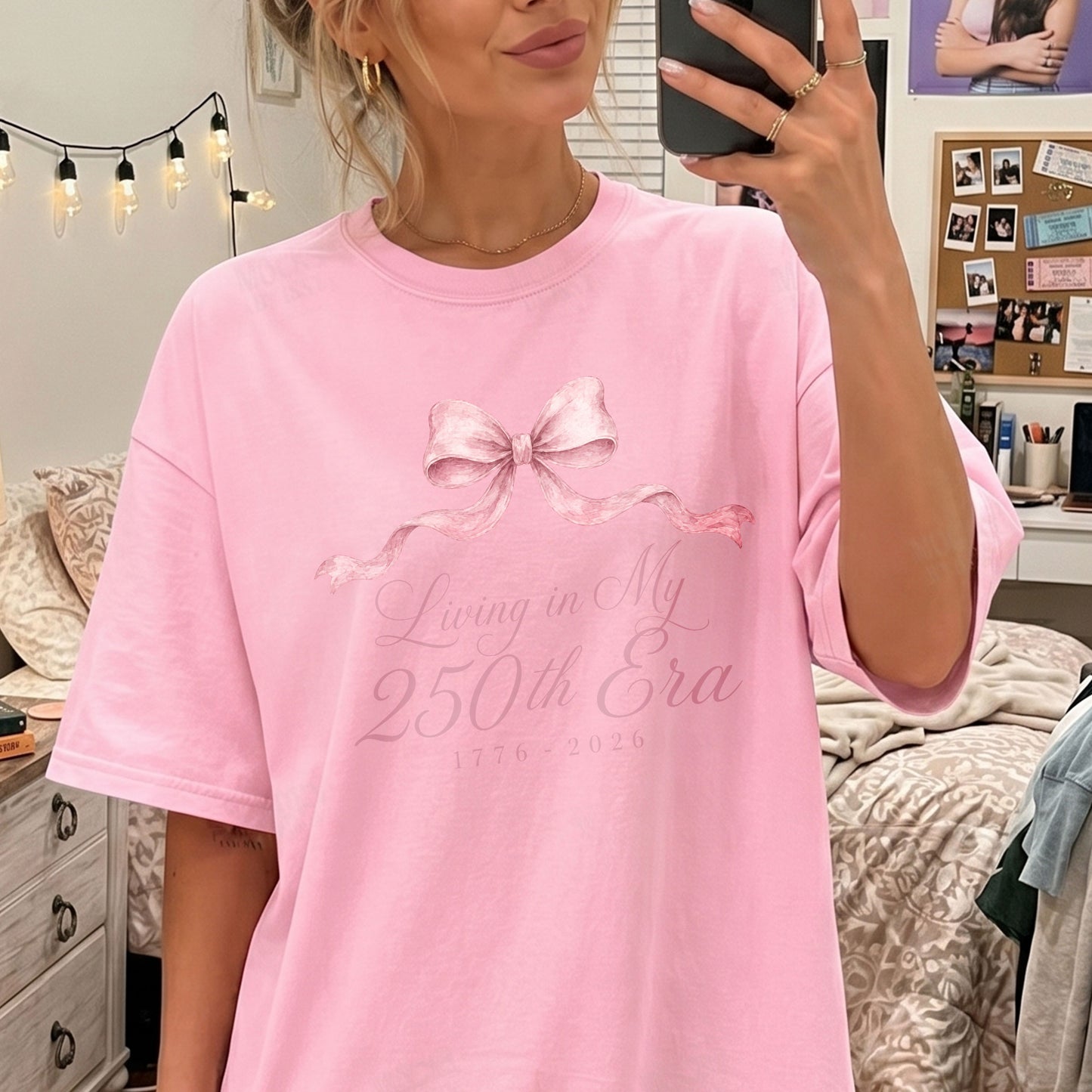Living in my 250th ERA Pink Bow, America Semiquincentennial Comfort Colors Shirt