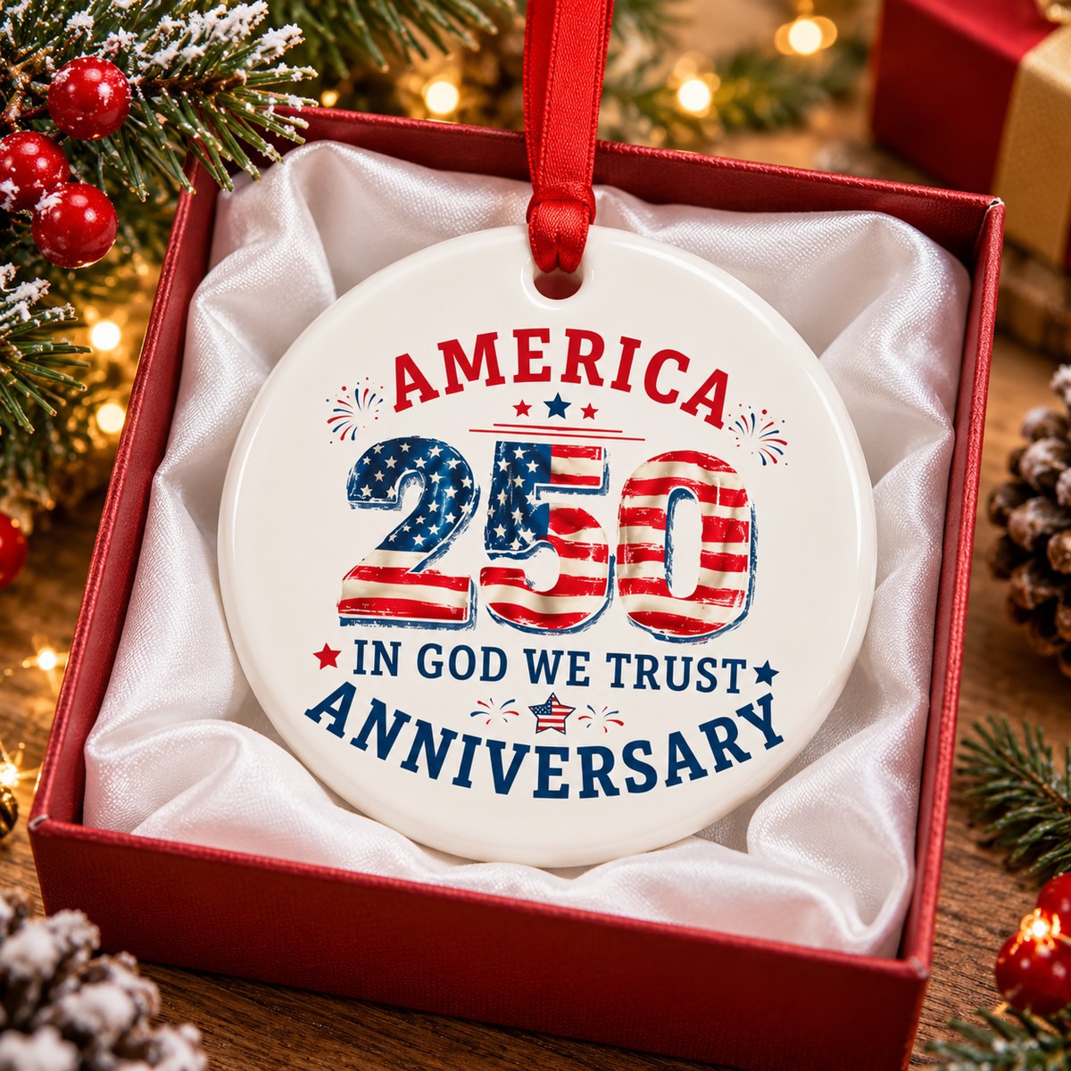 America 250th Anniversary Ornament 2026 - Patriotic Ceramic Tree Decoration