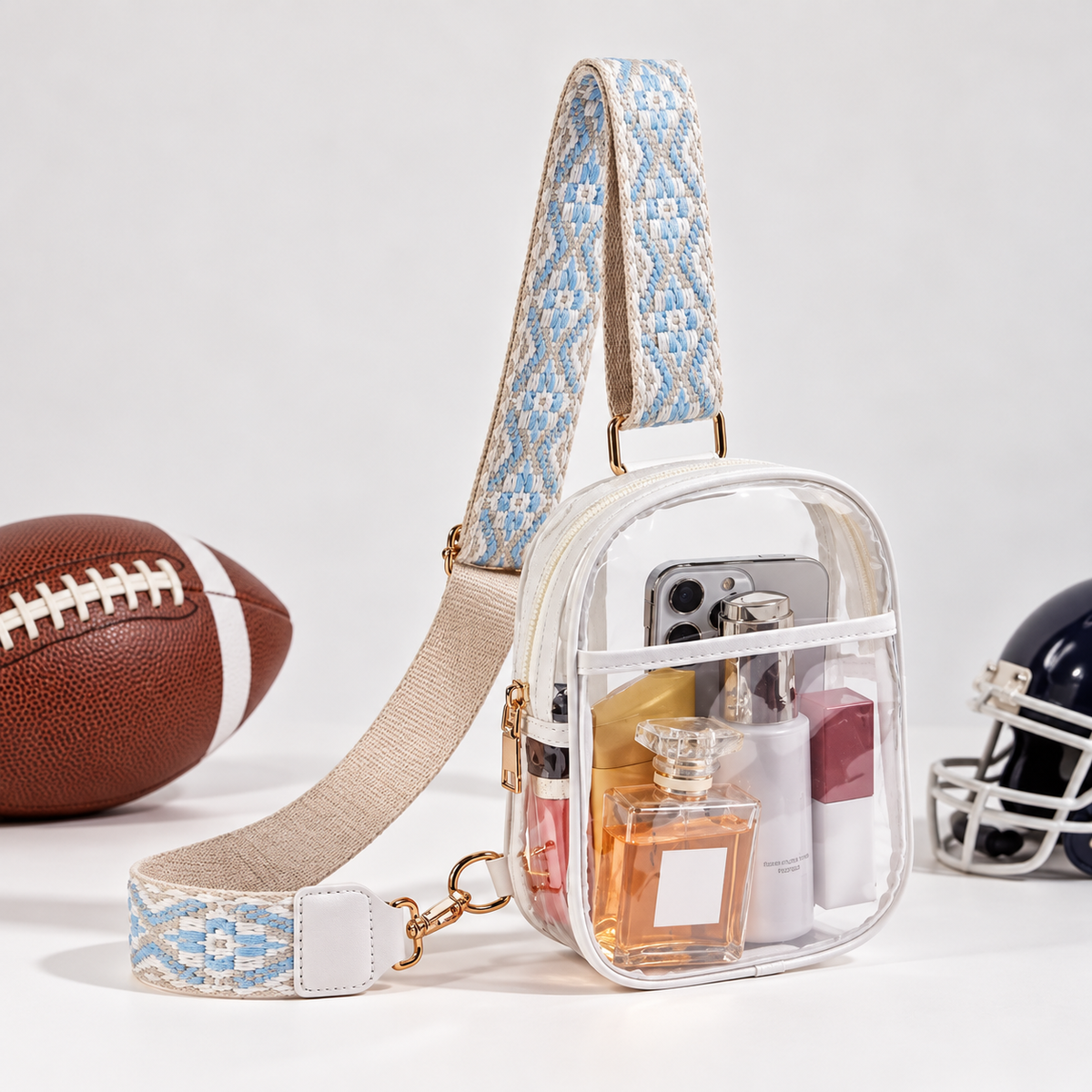 Clear Stadium Crossbody Bag with Adjustable Patterned Strap