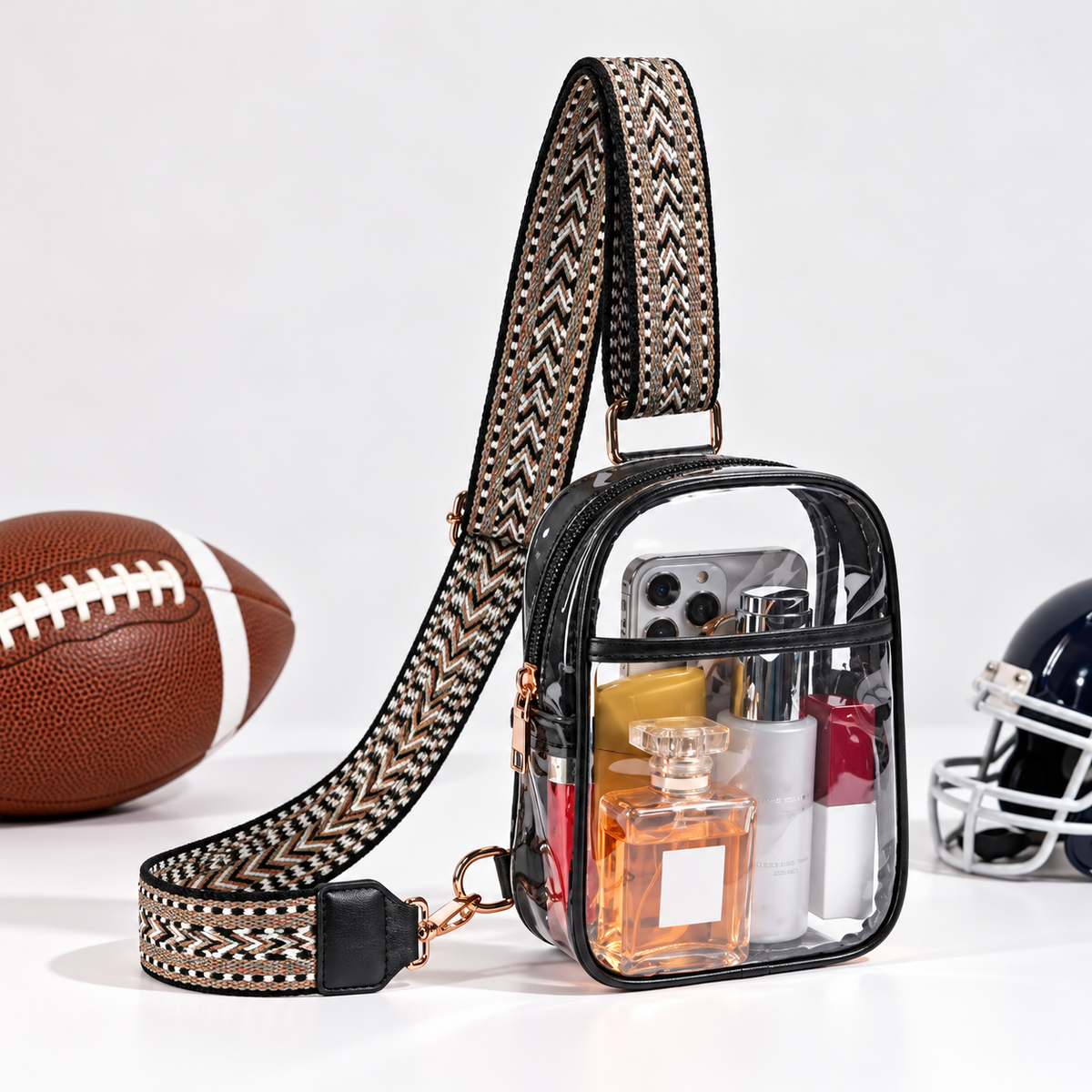Clear Stadium Crossbody Bag with Adjustable Patterned Strap