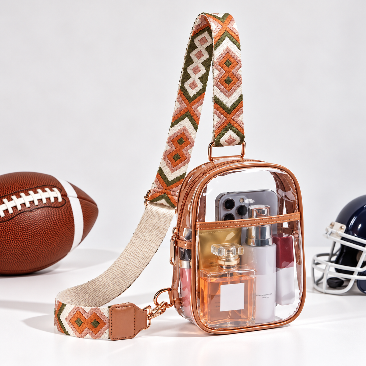 Clear Stadium Crossbody Bag with Adjustable Patterned Strap