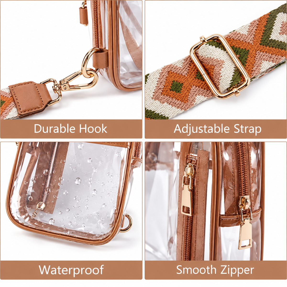 Clear Stadium Crossbody Bag with Adjustable Patterned Strap