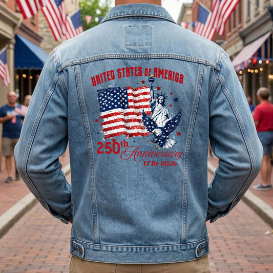 United Stated of America 250th Anniversary Denim Jacket Patriotic Eagle Jean Jacket