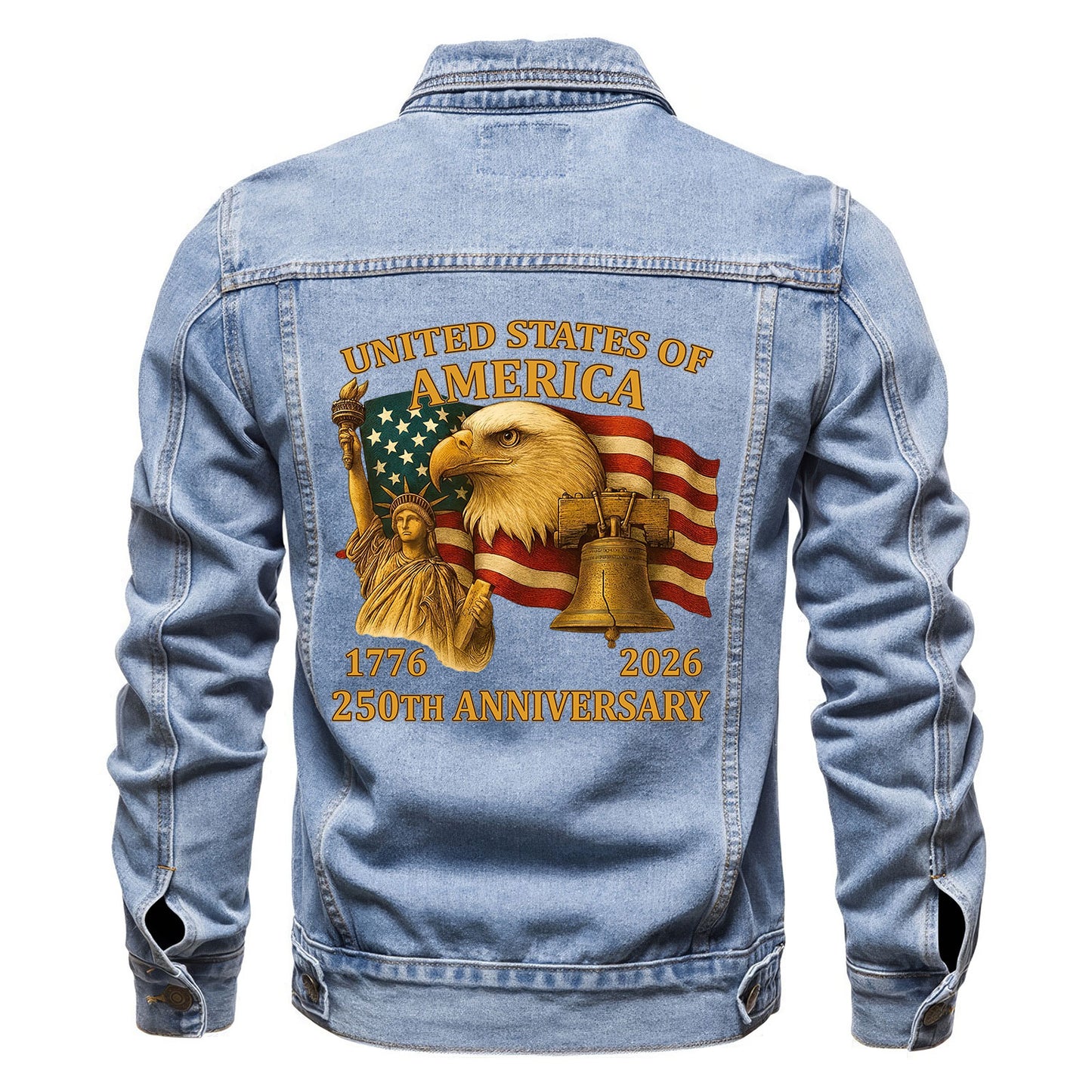 America 250 Vintage Eagle Liberty Flag Denim Jacket 1776 - 2026 Patriotic Jean Jacket