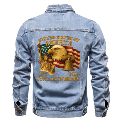 America 250 Vintage Eagle Liberty Flag Denim Jacket 1776 - 2026 Patriotic Jean Jacket