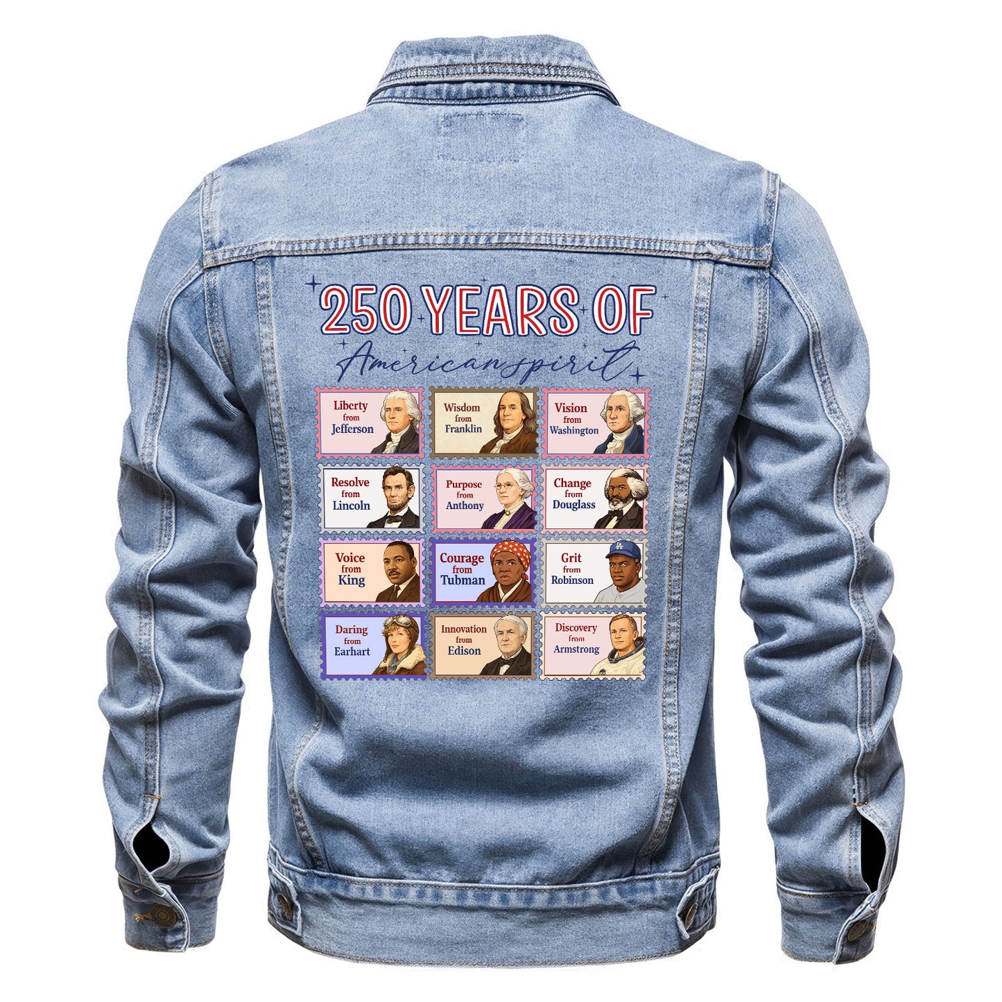 Historical Figures 250 Years of American Spirit Denim Jacket 1776 - 2026 Patriotic Jean Jacket