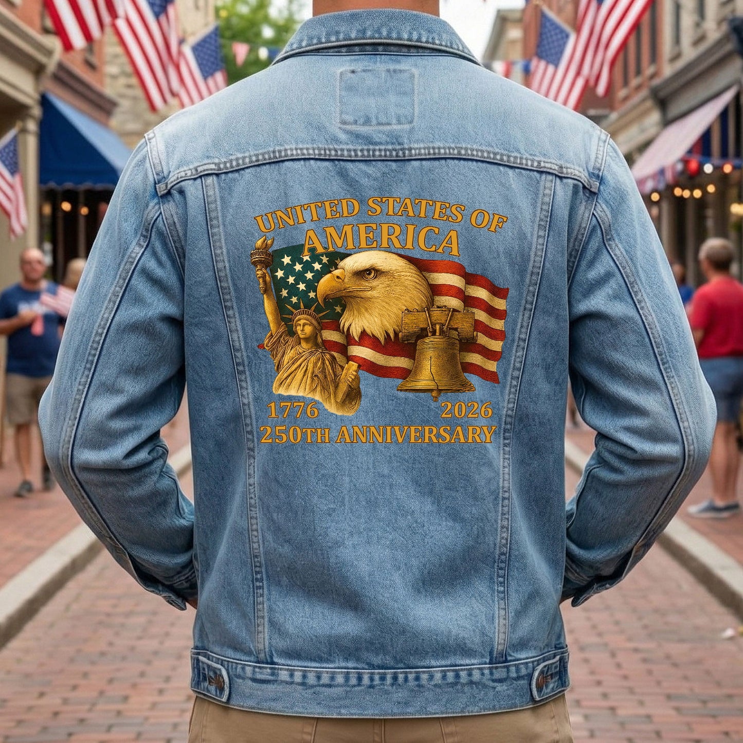 America 250 Vintage Eagle Liberty Flag Denim Jacket 1776 - 2026 Patriotic Jean Jacket