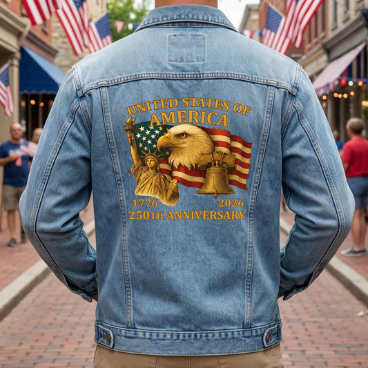 America 250 Vintage Eagle Liberty Flag Denim Jacket 1776 - 2026 Patriotic Jean Jacket