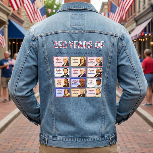 Historical Figures 250 Years of American Spirit Denim Jacket 1776 - 2026 Patriotic Jean Jacket