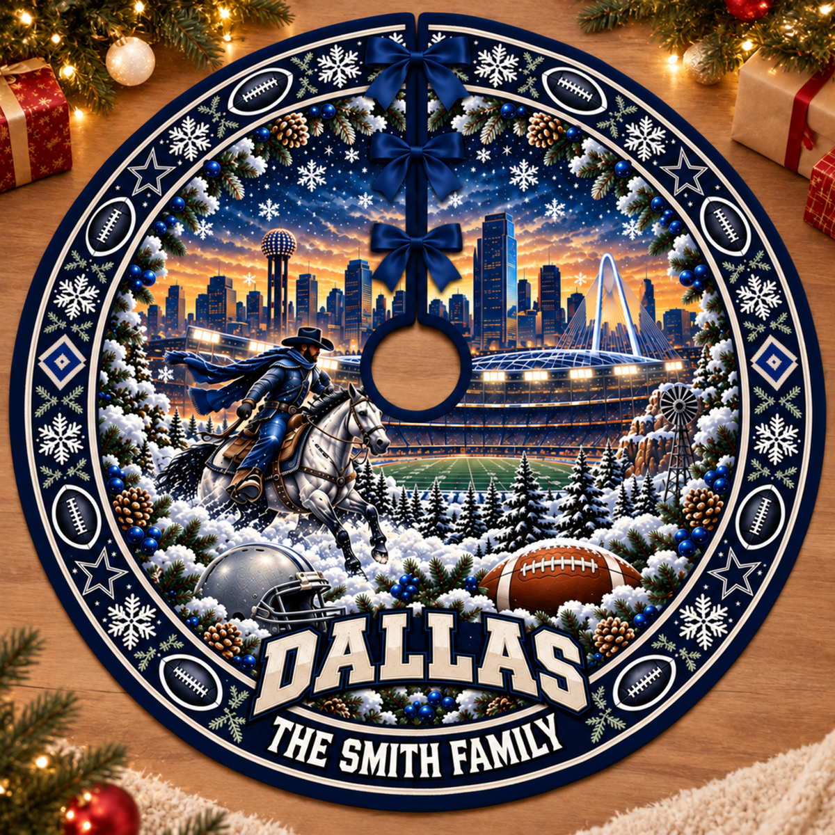 Custom Football Christmas Tree Skirt – Custom Family Name, Football Fan Christmas Decor, Game Day Holiday Gift