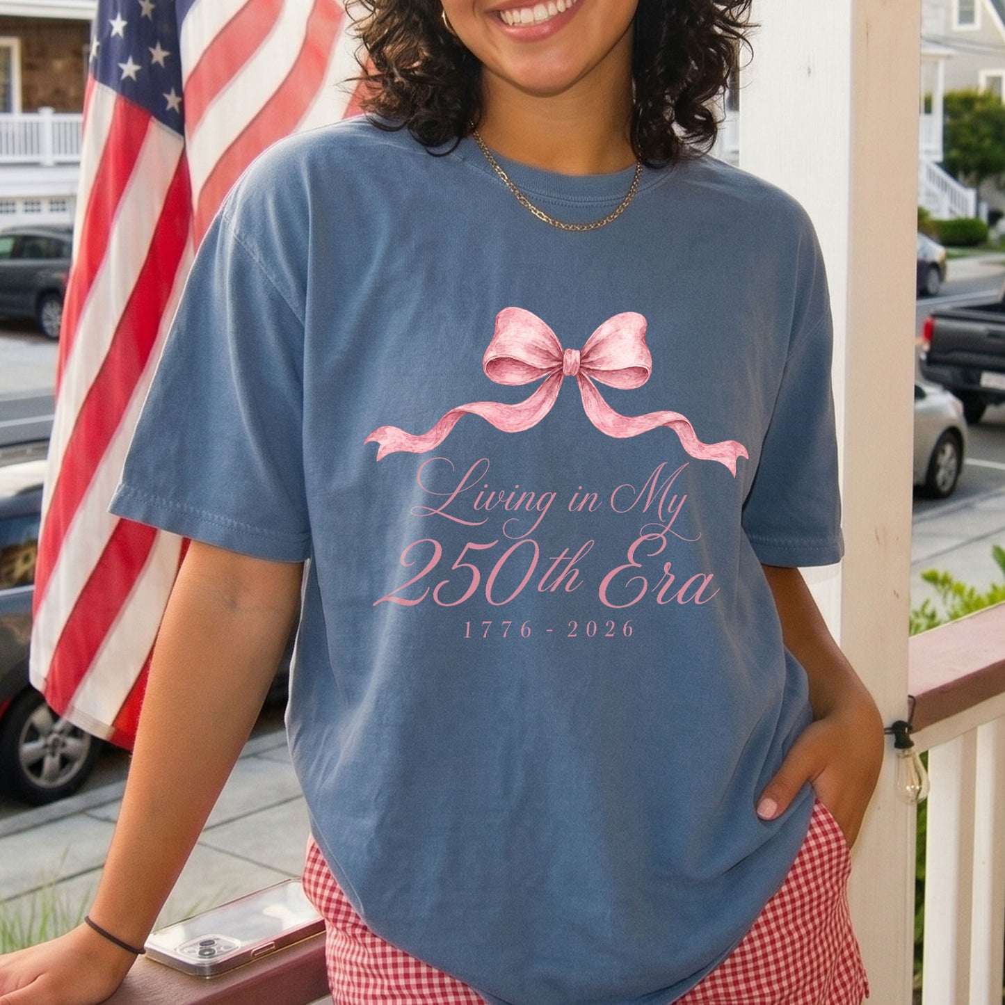 Living in my 250th ERA Pink Bow, America Semiquincentennial Comfort Colors Shirt