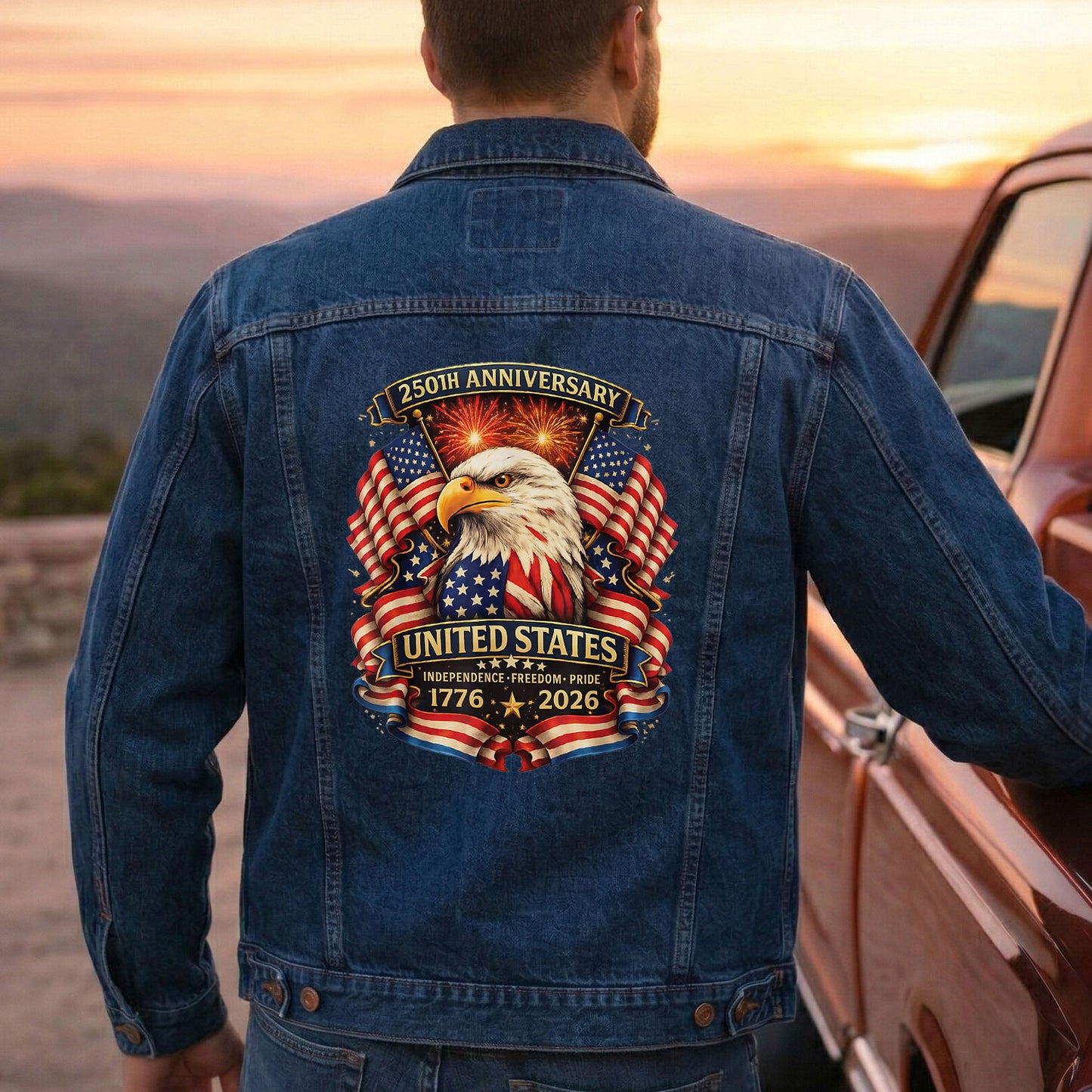 America 250 Denim Jacket 1776 - 2026 Patriotic Eagle Jean Jacket