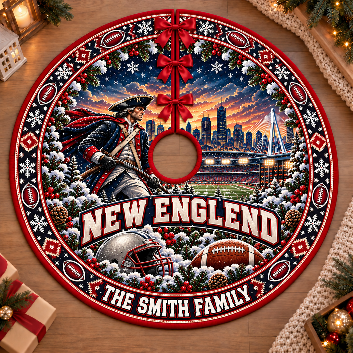 Custom Football Christmas Tree Skirt – Custom Family Name, Football Fan Christmas Decor, Game Day Holiday Gift