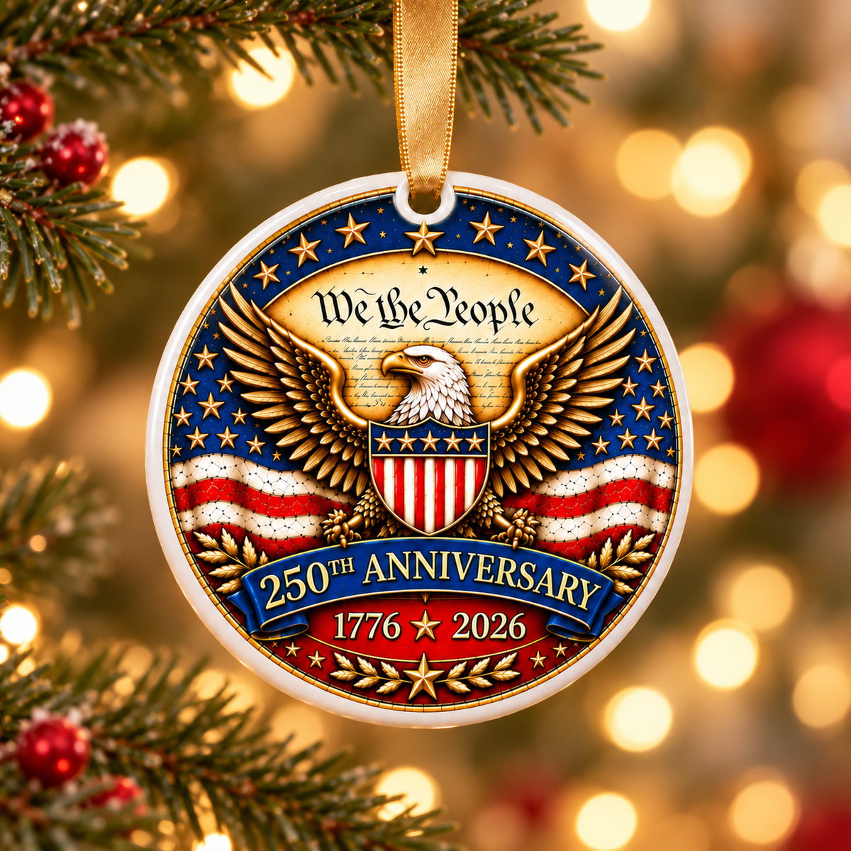 United States 250 Years Anniversary - Eagle Flag Ceramic Ornament