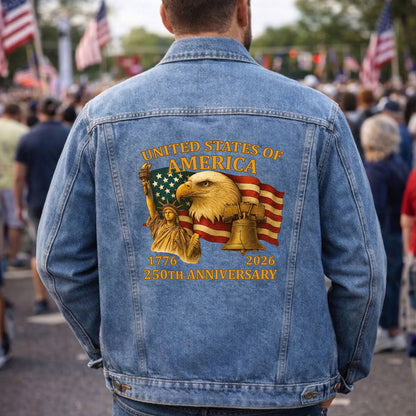 America 250 Vintage Eagle Liberty Flag Denim Jacket 1776 - 2026 Patriotic Jean Jacket