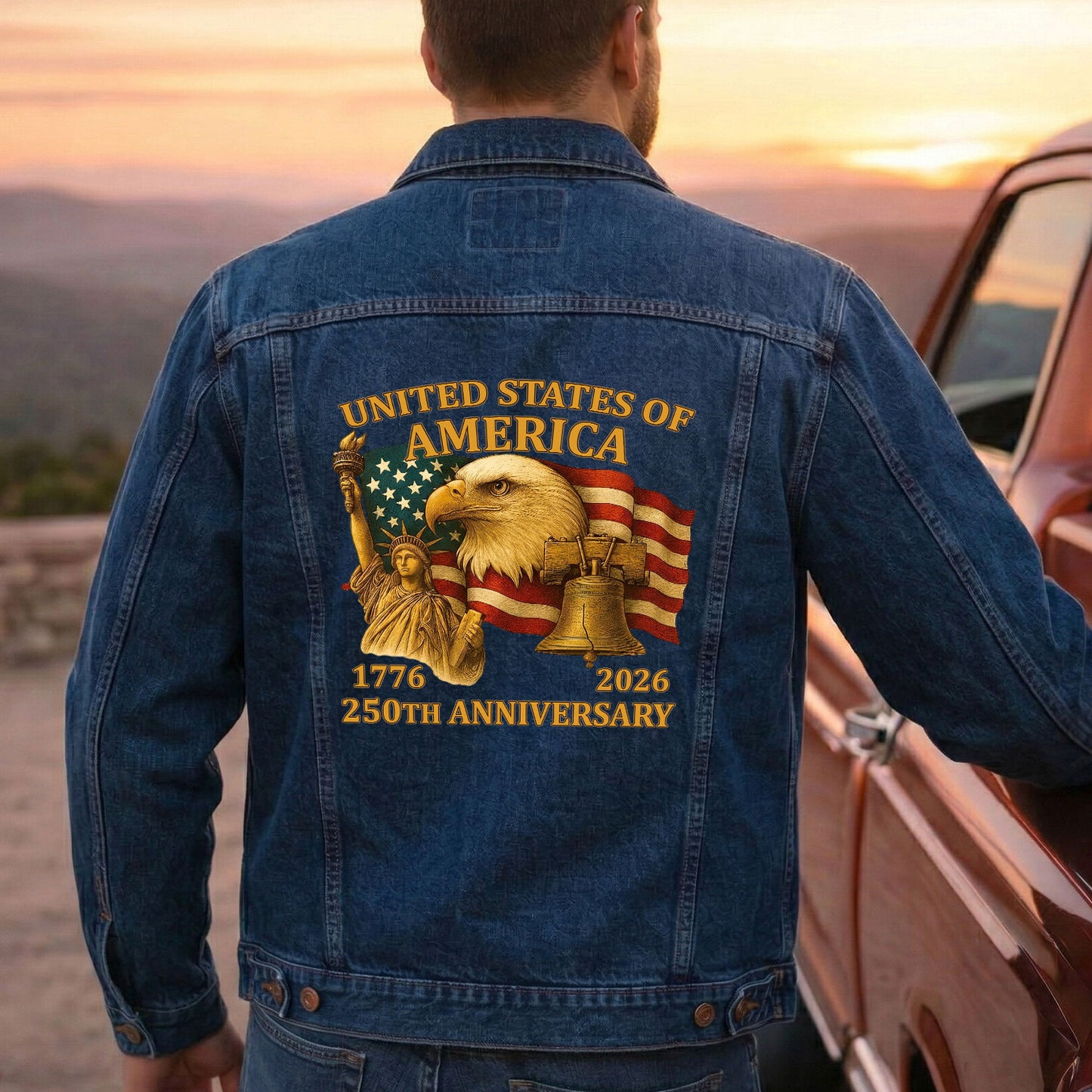 America 250 Vintage Eagle Liberty Flag Denim Jacket 1776 - 2026 Patriotic Jean Jacket