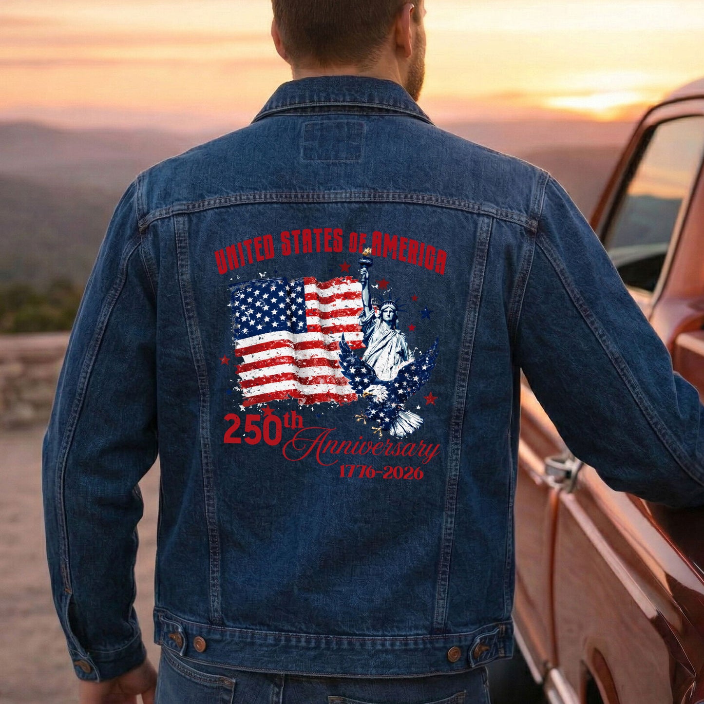 United Stated of America 250th Anniversary Denim Jacket Patriotic Eagle Jean Jacket