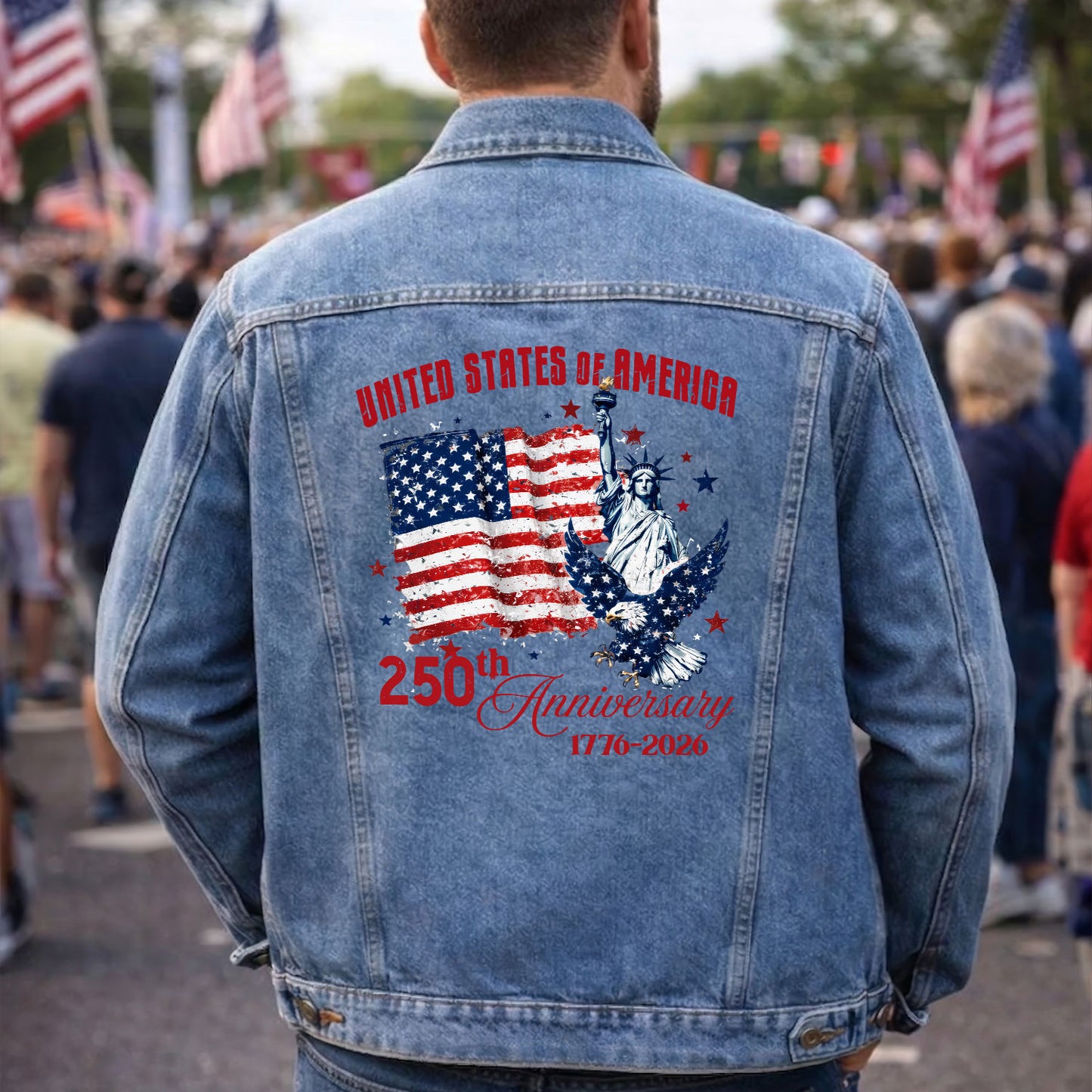 United Stated of America 250th Anniversary Denim Jacket Patriotic Eagle Jean Jacket