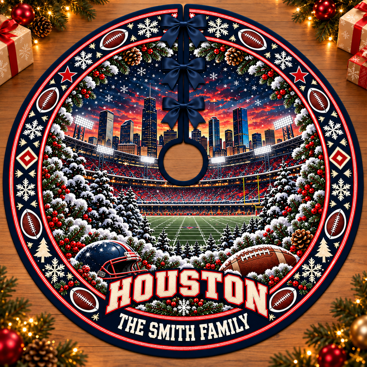 Custom Football Christmas Tree Skirt – Custom Family Name, Football Fan Christmas Decor, Game Day Holiday Gift