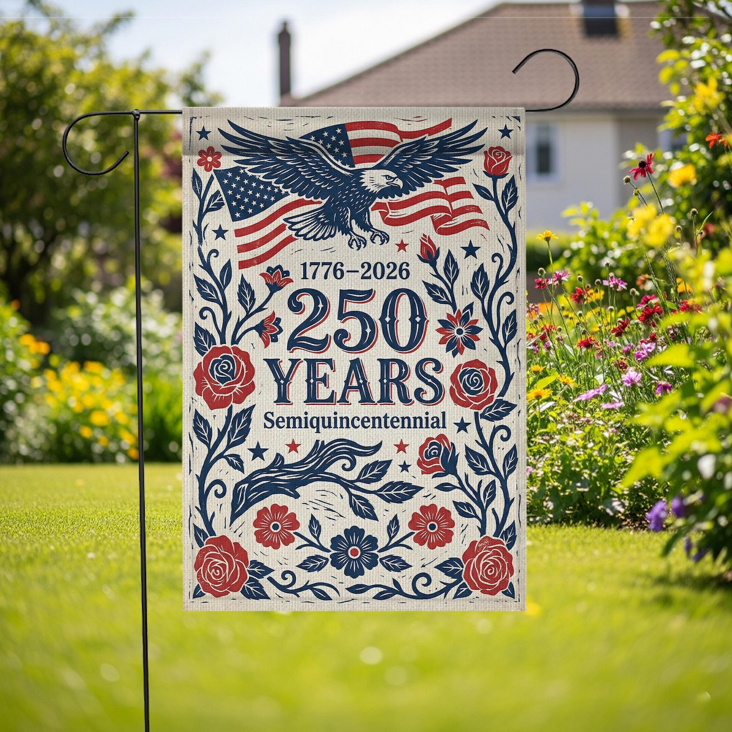 Garden Flag Floral 250th Anniversary Eagle Design, Semiquincentennial Patriotic Decor