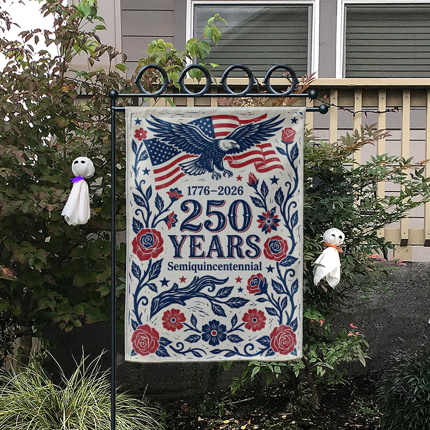 Garden Flag Floral 250th Anniversary Eagle Design, Semiquincentennial Patriotic Decor