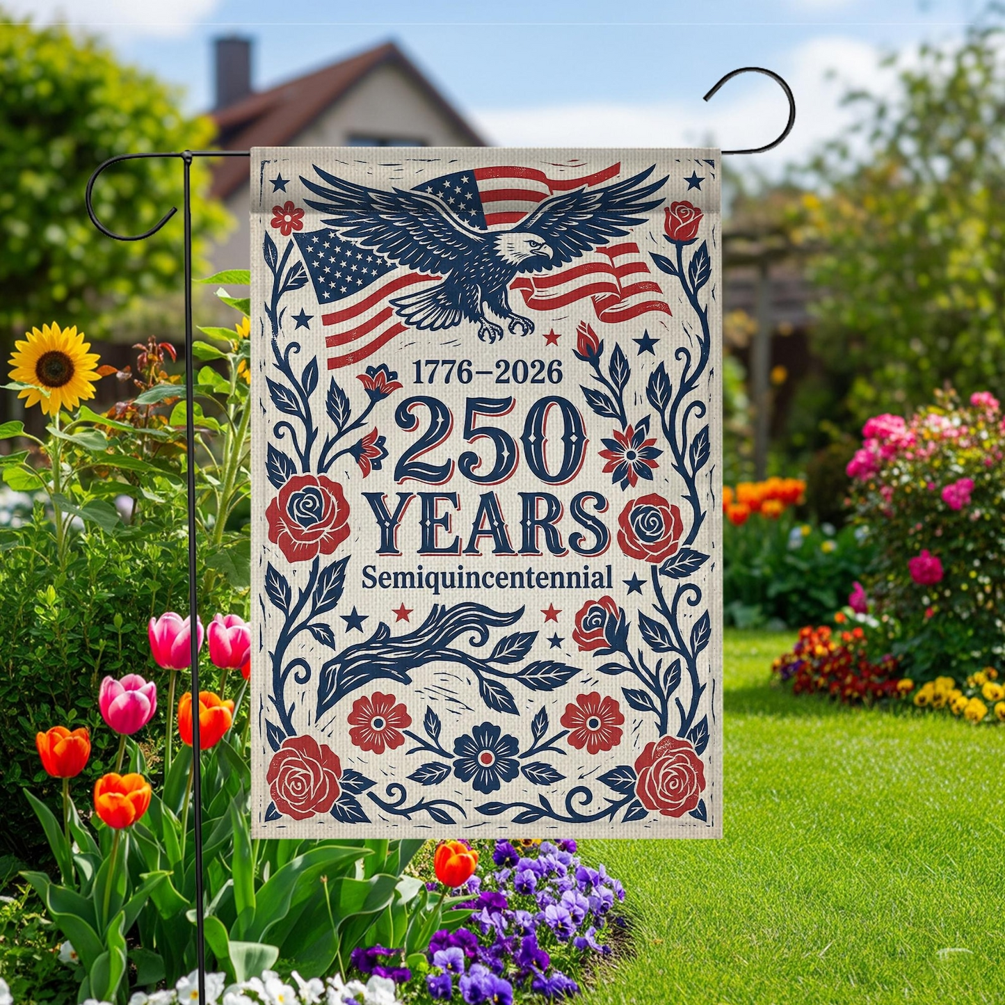 Garden Flag Floral 250th Anniversary Eagle Design, Semiquincentennial Patriotic Decor