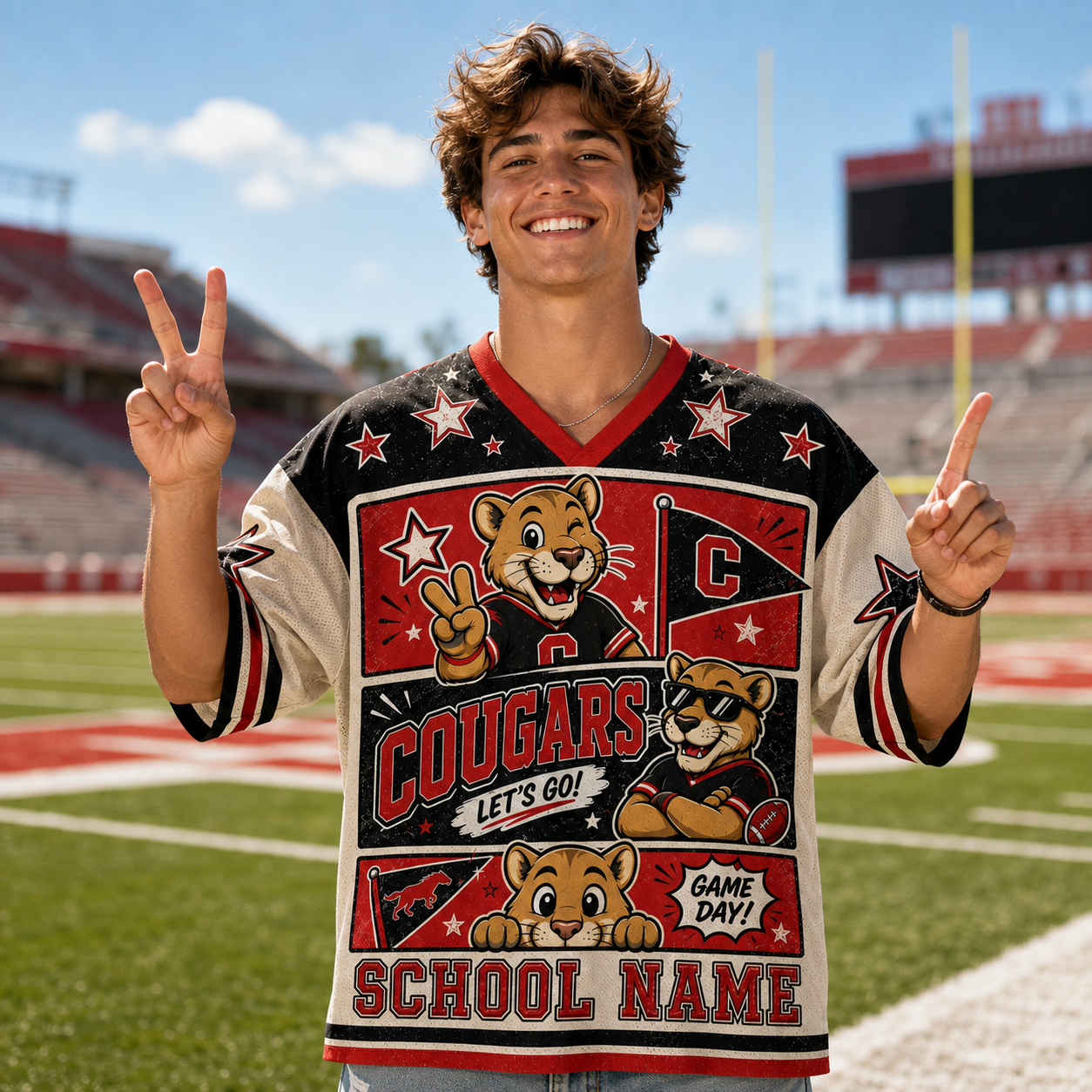 Custom Mascot Comic Style School Name Game Day Mesh Jersey