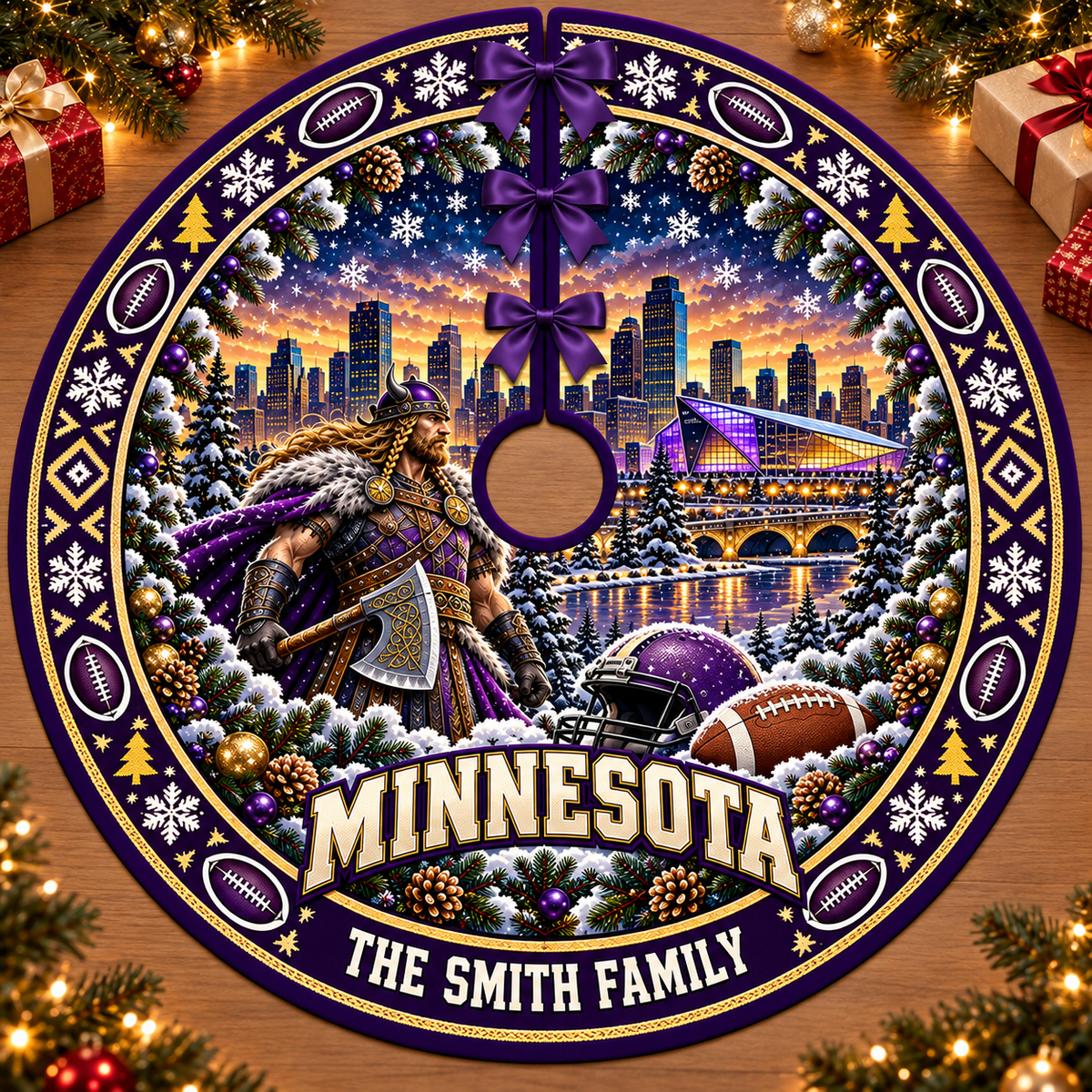 Custom Football Christmas Tree Skirt – Custom Family Name, Football Fan Christmas Decor, Game Day Holiday Gift