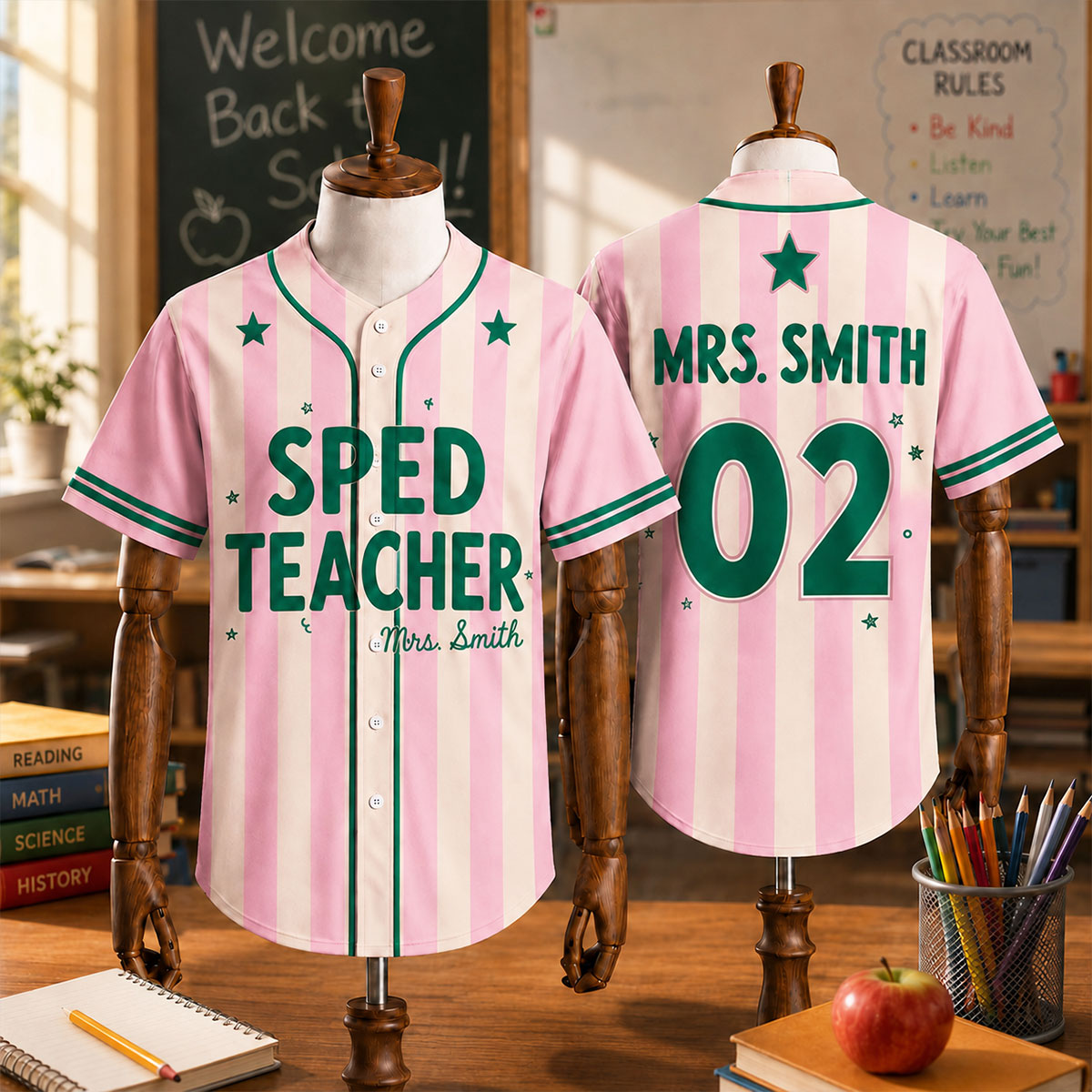 Custom Teacher Baseball Jersey, Personalized Title & Name Pinstripe Shirt