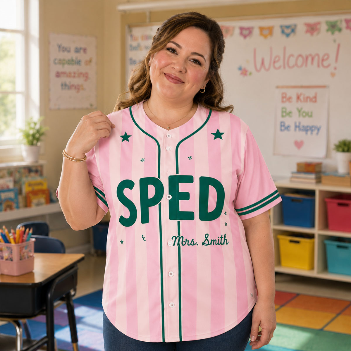 Custom Teacher Baseball Jersey, Personalized Title & Name Pinstripe Shirt