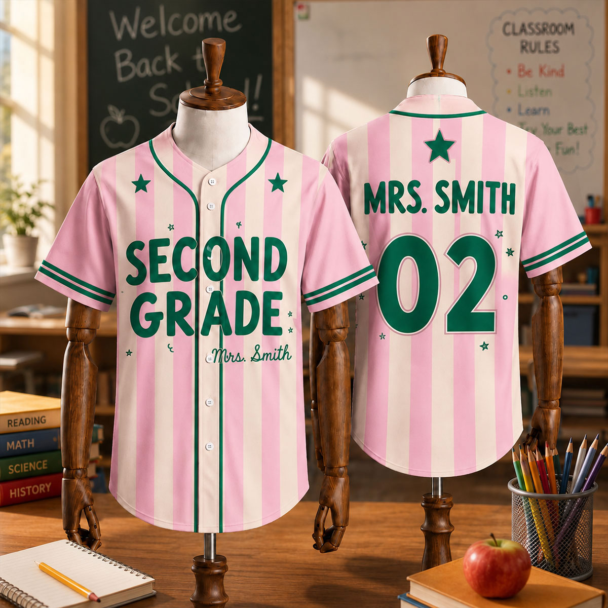 Custom Teacher Baseball Jersey, Personalized Grade Level & Name Pinstripe Shirt