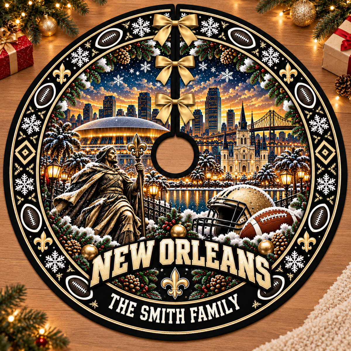 Custom Football Christmas Tree Skirt – Custom Family Name, Football Fan Christmas Decor, Game Day Holiday Gift