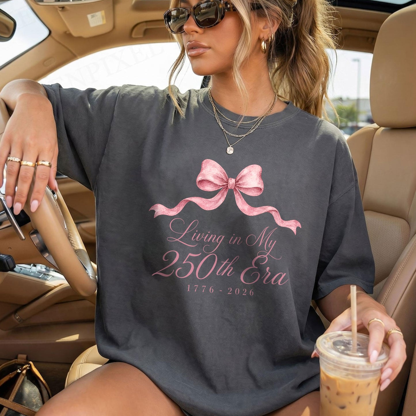 Living in my 250th ERA Pink Bow, America Semiquincentennial Comfort Colors Shirt