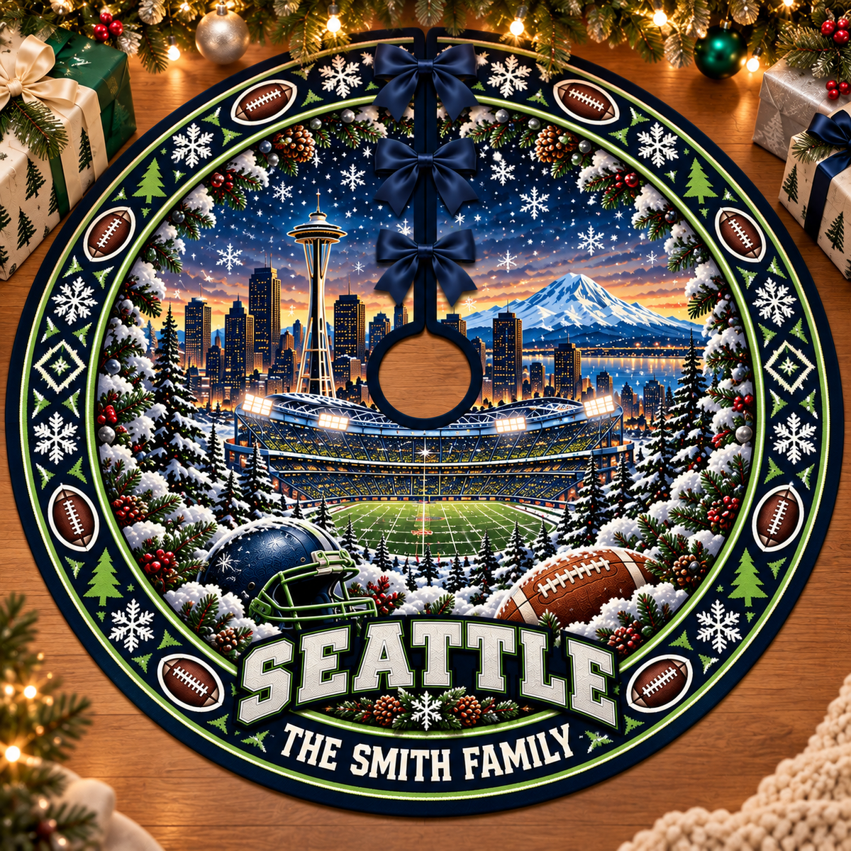 Custom Football Christmas Tree Skirt – Custom Family Name, Football Fan Christmas Decor, Game Day Holiday Gift